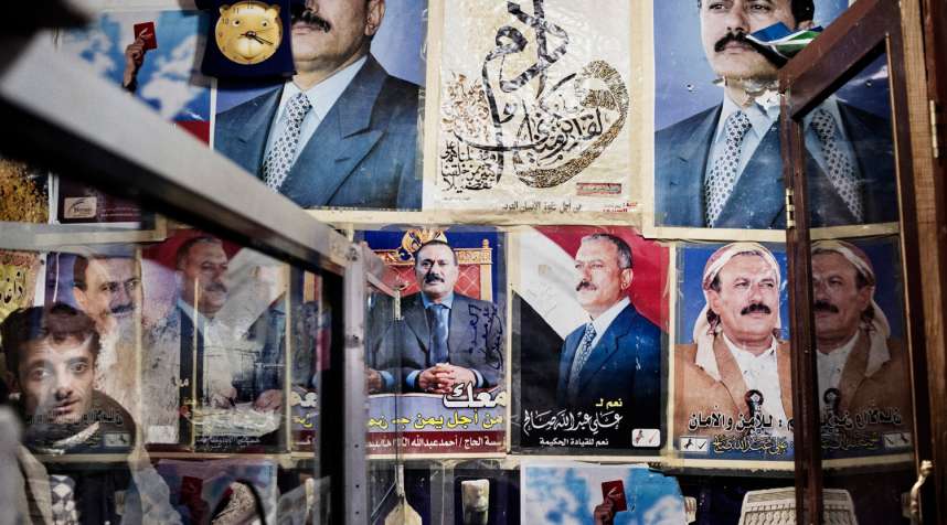 Portraits  of President Ali Abdullah Saleh are seen in a  shop  in the old town of Sanaa.