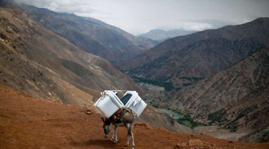 Panjshir Province, Afghanistan: A donkey transports ballot boxes to villages unreachable by vehicles north of Kabul, Sept. 17, 2010. Afghanistan held parliamentary elections on September 18. Voter turnout was lower than in any of the four national elections held in post-Taliban Afghanistan, with violence keeping voter numbers low. Widespread allegations of fraud tainted the final results.