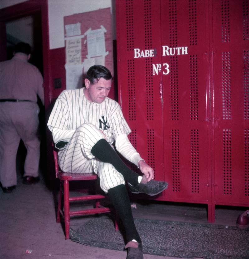 Babe Ruth in the locker room at Yankee Stadium, June 13, 1948, the day his number 3 was retired.