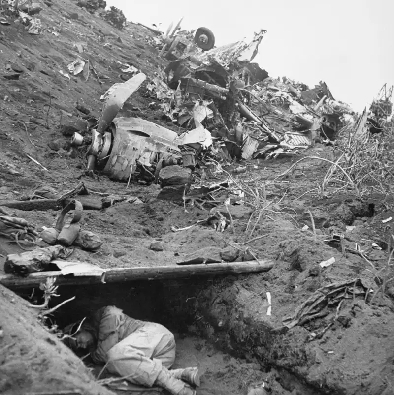 Amid the Carnage of Iwo Jima, Shelter and Sleep
During the 35-day battle in Feburary and March of 1945 on Iwo Jima, a man finds refuge and sleep amid the wreckage that covers the island.
