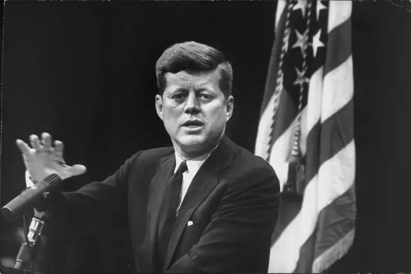 President John F. Kennedy answers questions at his first press confrence as president, on Jan. 25, 1961. Kennedy discussed nuclear disarmament, a famine in Congo, U.S. airmen detained by the USSR, and evictions of farmers in Indiana.