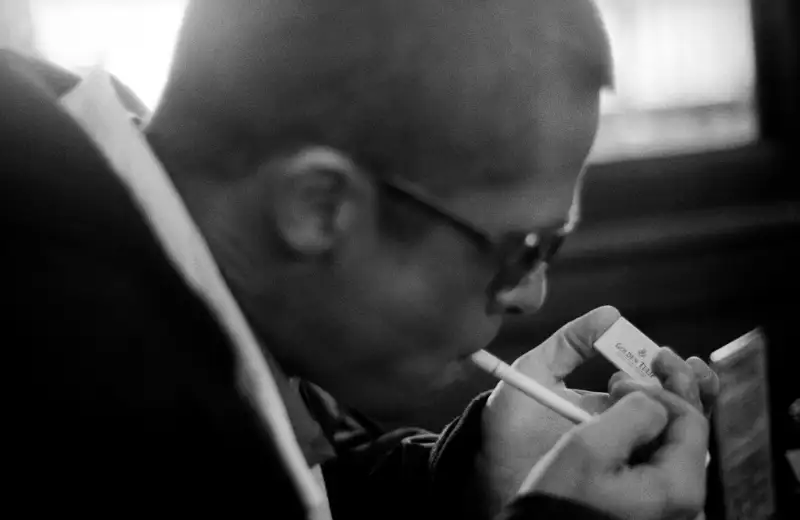 Caan on his smokin' shot of Pitt:  We were in Amsterdam and we were shooting 'Ocean's Twelve.' I had my camera on the table and we were all just passing the camera around. Brad took a couple shots of me, and I got a couple great shots where Don Cheadle's giving me the finger. I really liked this shot, so I printed it, and the editor really liked it so he put it in the book. And you have to imagine, when I'm shooting on set, there are amazing cinematographers who have already lit it for me. So it's kind of a no-brainer.  (Photography by Scott Caan)