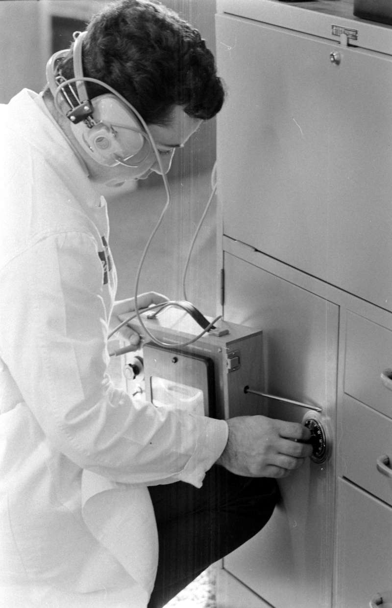 No spy, private eye, or intelligence agency worth its salt leaves sensitive data lying around in the open. Here a private investigator demonstrates a device that can listen to the tumblers in a safe, which makes deciphering the combination a cinch.