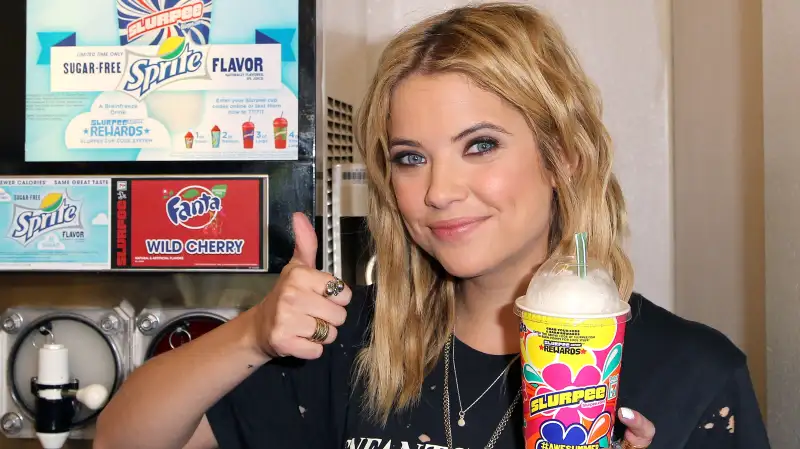 Actress Ashley Benson of ABC's hit TV show Pretty Little Liars takes ceremonial first slurpee sip