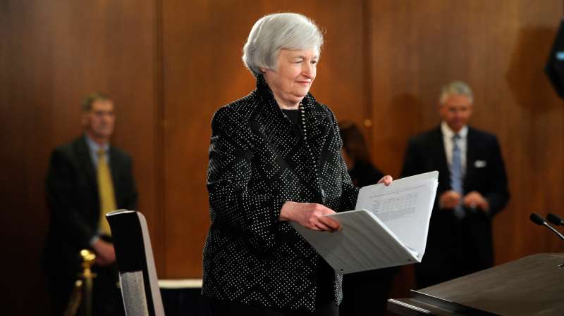 Federal Reserve Chair Janet Yellen arrives for a news conference at the Federal Reserve in Washington