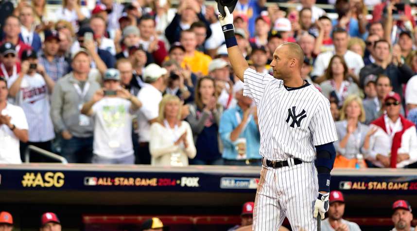 In his final season, Derek Jeter of the New York Yankees acknowledges the crowd as he comes up to bat in the first inning during the 2014 MLB All Star Game.