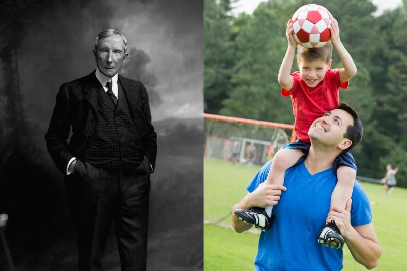 diptych of John D. Rockefeller with modern soccer dad