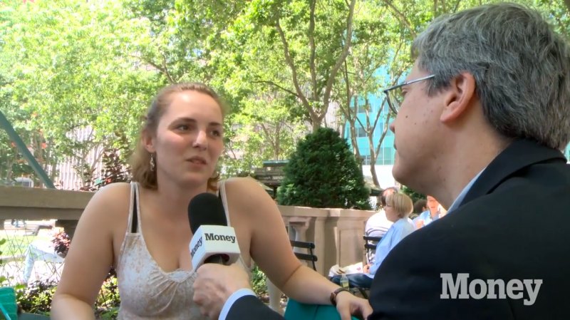 Woman talking about college with Mannes on the Street.