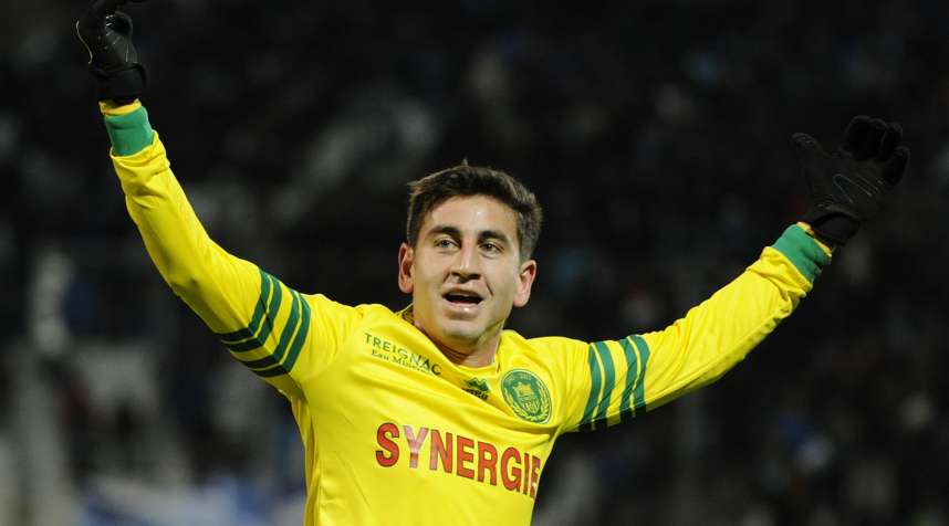 Nantes' US midfielder Alejandro Bedoya jubilates after scoring during the French L1 football match Olympique of Marseille (OM) versus Nantes at the Velodrome stadium in Marseille, southern France, on December 6, 2013.    AFP PHOTO / BORIS HORVAT        (Photo credit should read BORIS HORVAT/AFP/Getty Images)