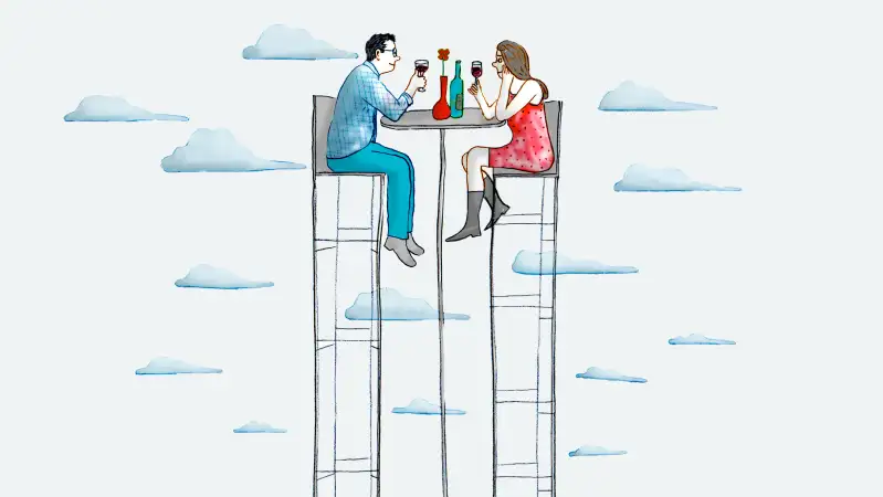 Illustration of parents eating at elevated table above baby toys