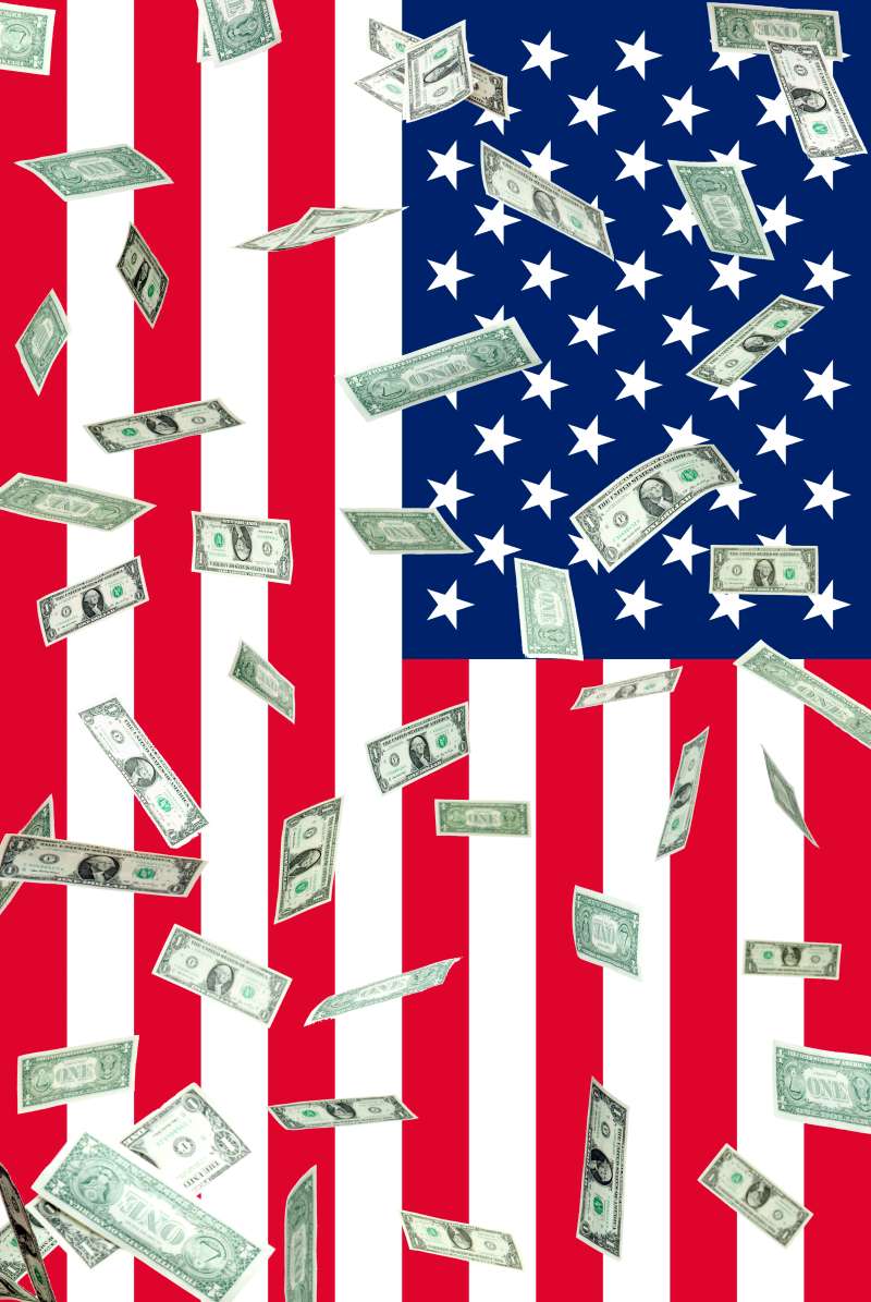 Dollar bills falling in front of American flag