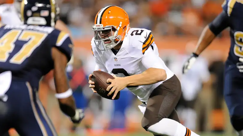 Johnny Manziel #2 of the Cleveland Browns scrambles for a touchdown during the third quarter against the St. Louis Rams at FirstEnergy Stadium on August 23, 2014 in Cleveland, Ohio.