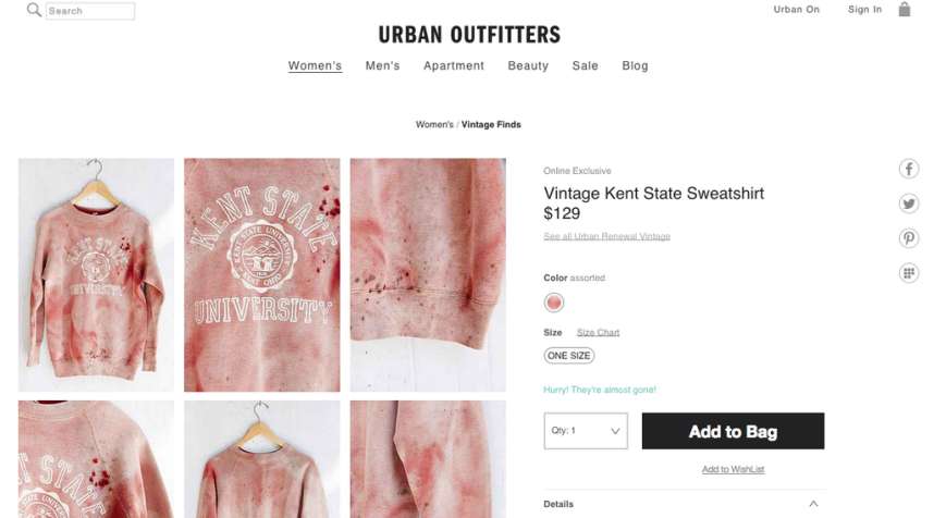 Screengrab of Kent State sweatshirt on Urban Outfitters website from a user on Twitter.com.