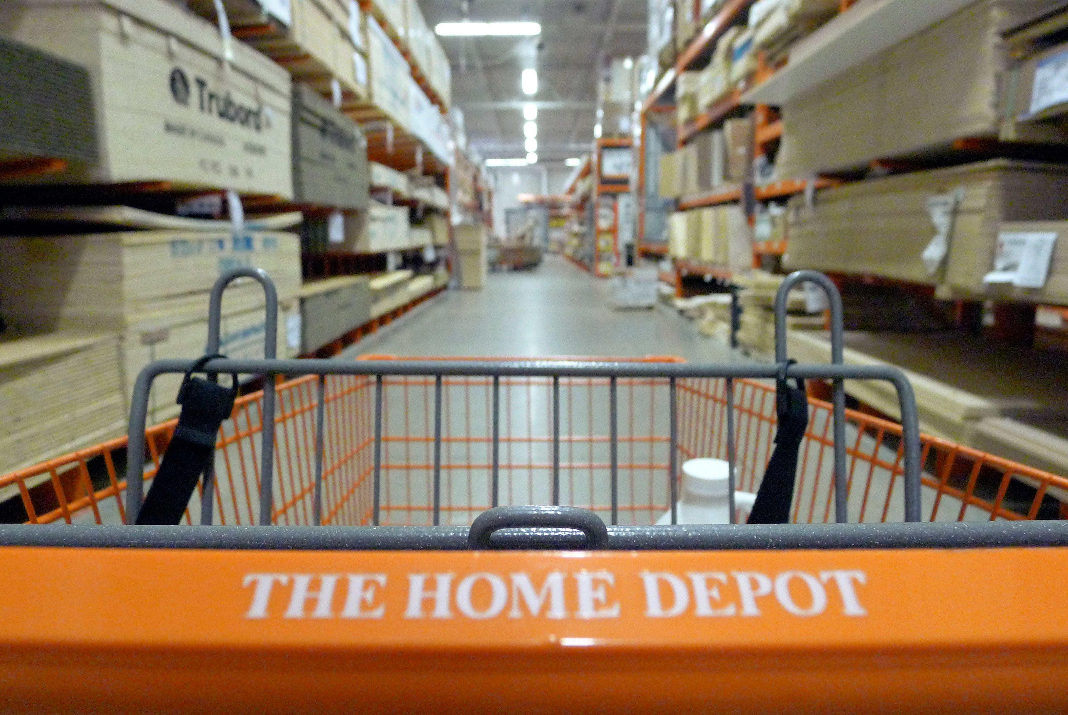 A shopping cart is seen in a Home Depot location in Niles, Illinois, May 19, 2014.