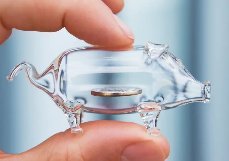 transparent piggy bank with one silver coin inside