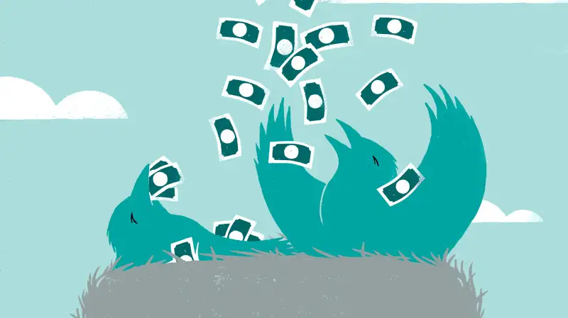 Birds in nest throwing money in the air