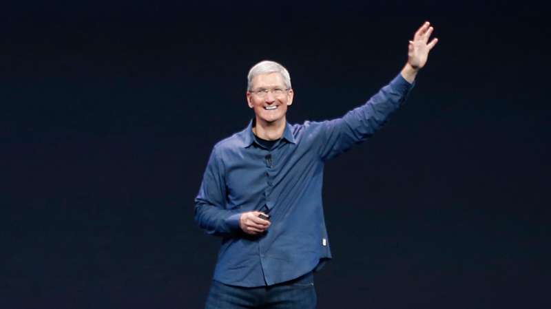 Apple CEO Tim Cook speaks on stage during an Apple event at the Flint Center in Cupertino, California.