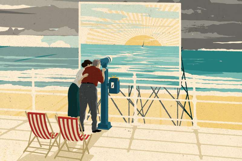 Illustration of two retirees looking at the false promise of a sun against a stormy sky