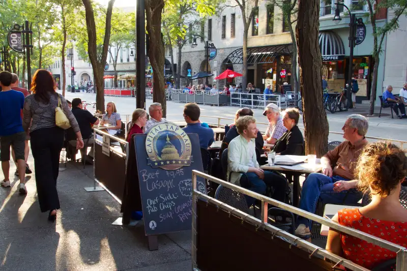 Sidewalk cafe on State Street, Madison, Wisconsin.