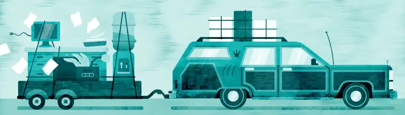 illustration of station wagon pulling office desk