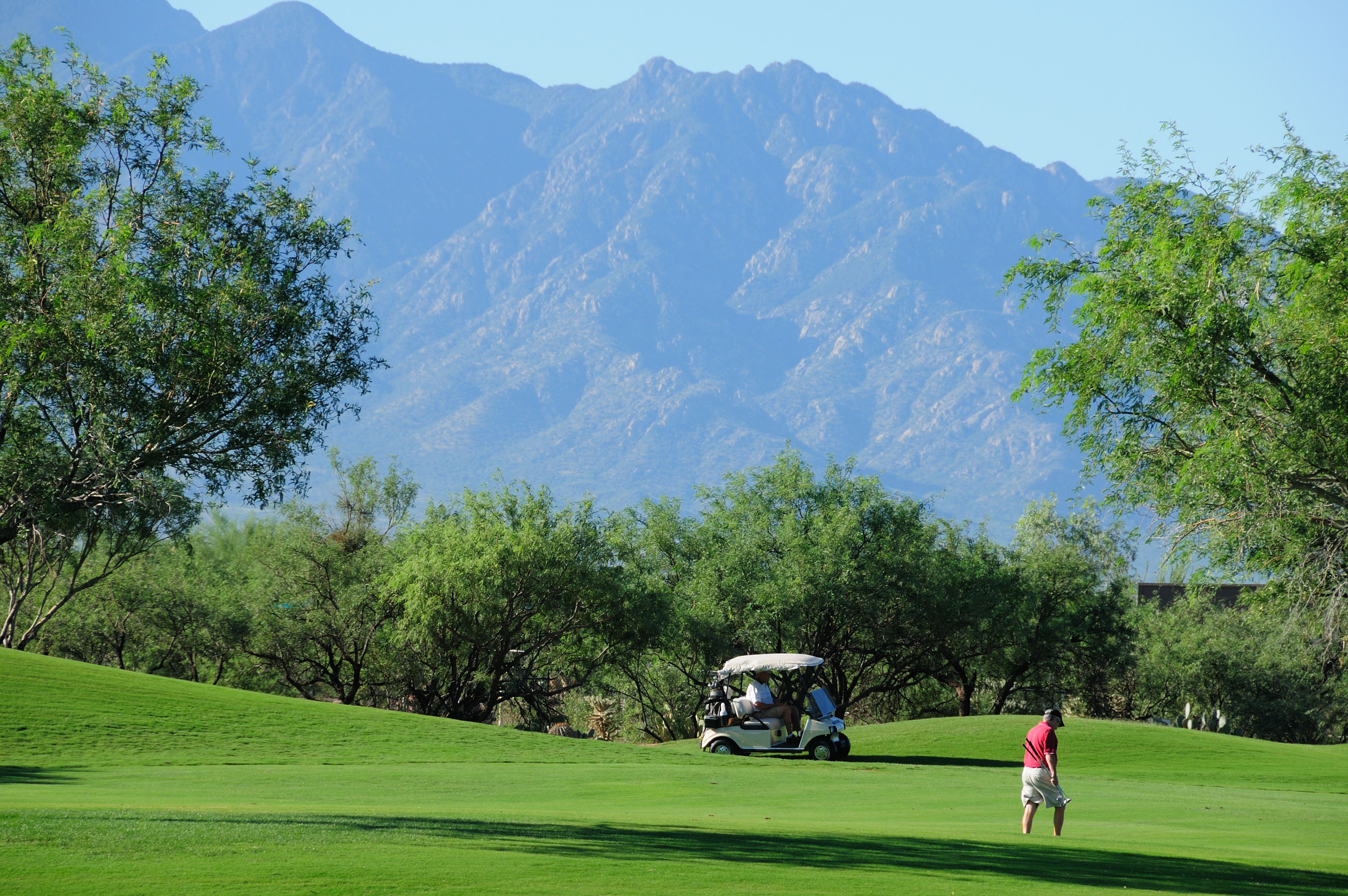 The Santa Rita Mountains in the Sonoran Desert serve as a backdrop for Quail Creek Golf Course in Green Valley, Arizona.