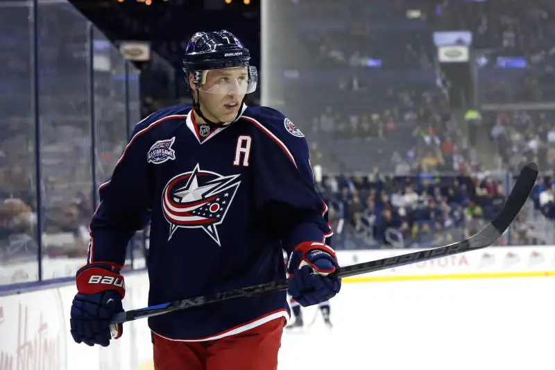 Columbus Blue Jackets defenseman Jack Johnson (7) during the NHL game between the Boston Bruins and the Columbus Blue Jackets at Nationwide Arena in Columbus, OH. The Boston Bruins defeated the Columbus Blue Jackets 4-3 in a shootout.