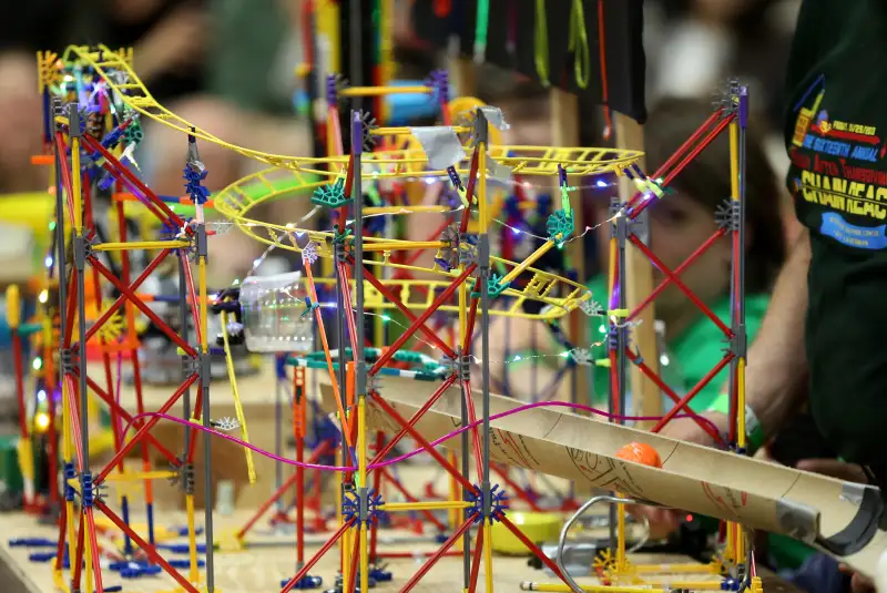 One of the contraptions. The 16th Annual Friday After Thanksgiving Chain Reaction Event held at MIT, featuring 34 teams and their Rube Goldberg machines.