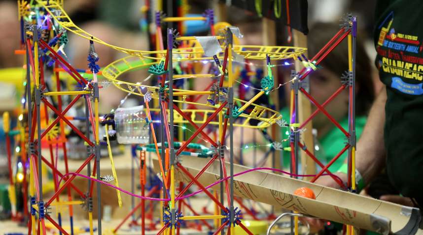 One of the contraptions. The 16th Annual Friday After Thanksgiving Chain Reaction Event held at MIT, featuring 34 teams and their Rube Goldberg machines.