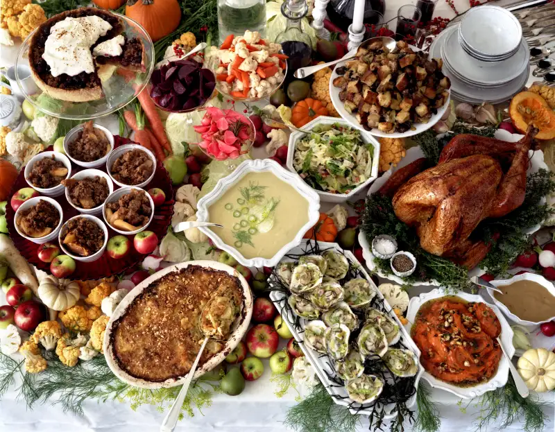 Overhead view of Thanksgiving feast