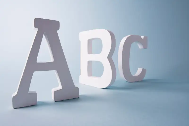 Studio shot of letters A, B and C