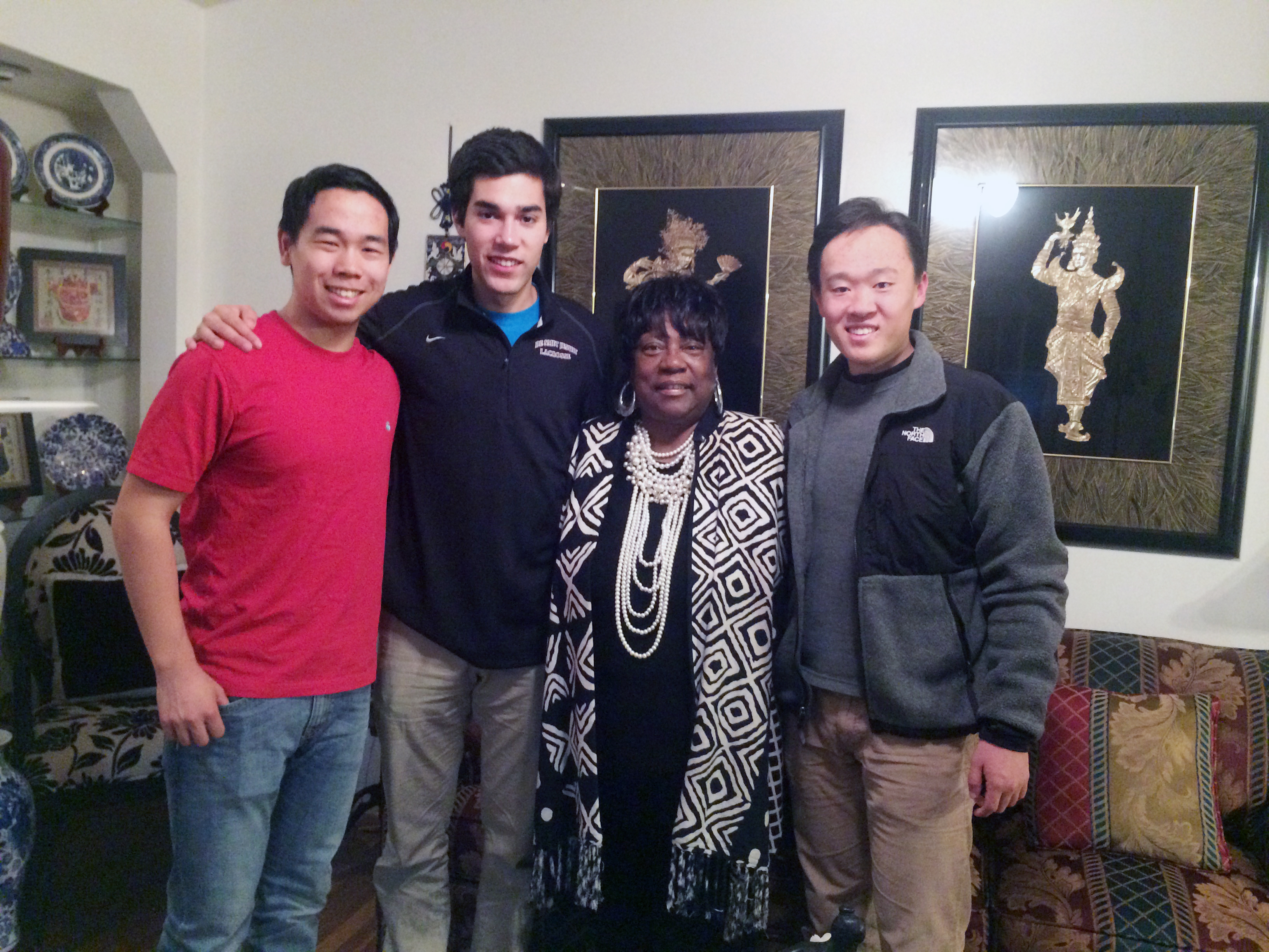 Eric Lee and friends came to the assistance of Juanita Morris. From left to right: Jeffrey Lu, Alex Conway, Morris, and Lee.