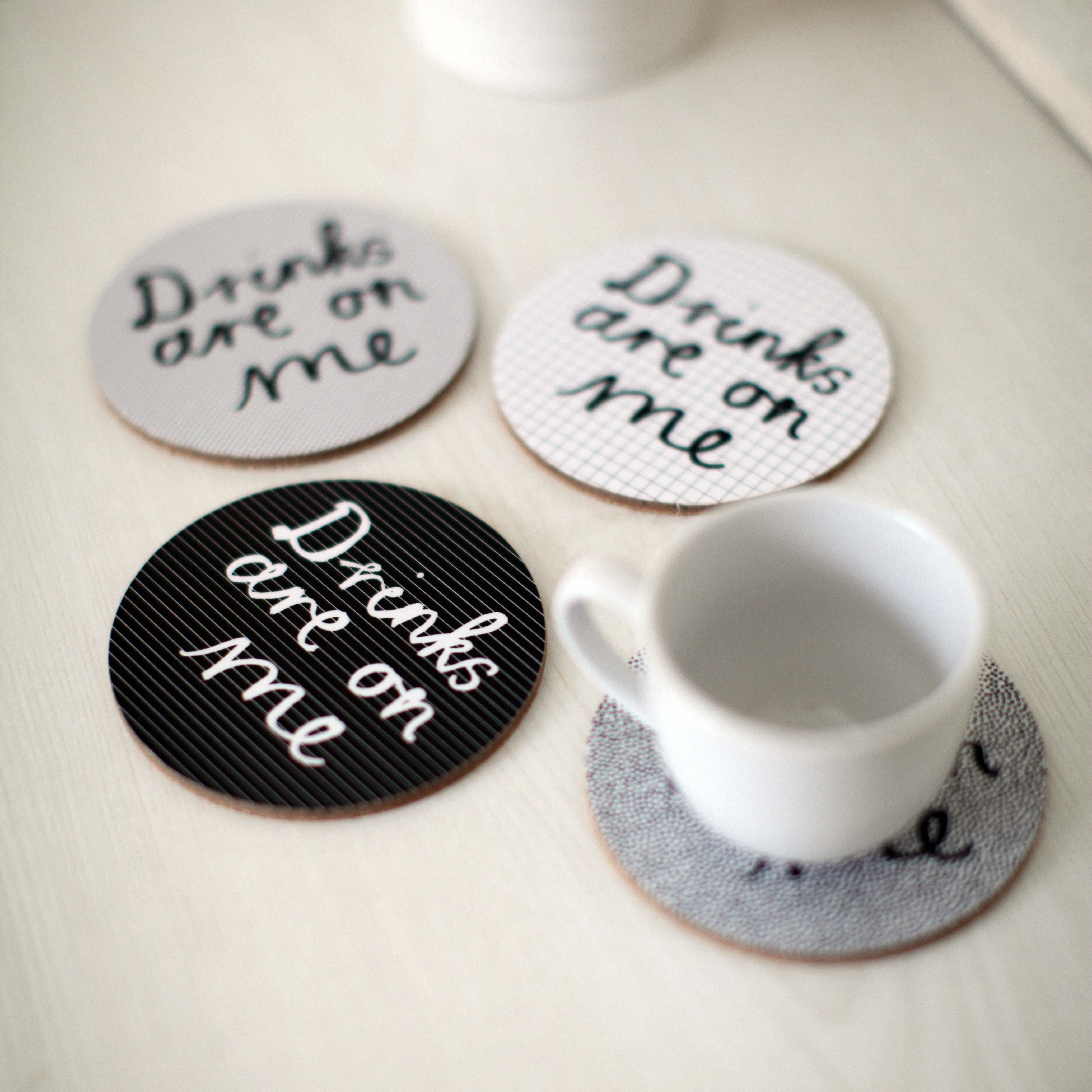 Set Of Four 'Drinks Are On Me' Coasters