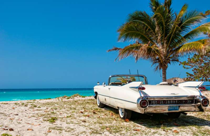 Classic 1959 White Cadillac In Veradara, Cuba.