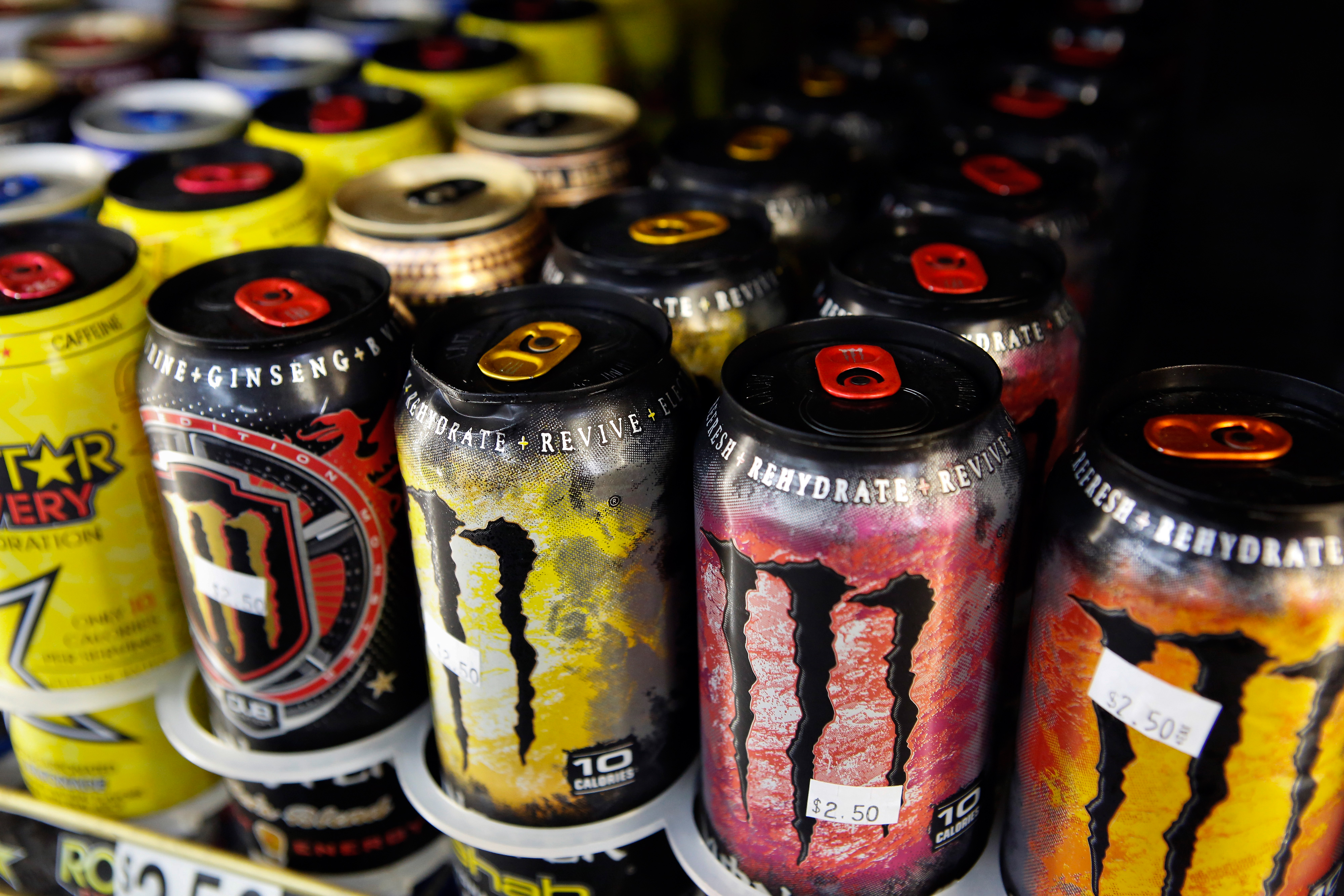 Cans of Monster Beverage Corp. energy drink are displayed for sale at a convenience store in Redondo Beach, California, U.S.