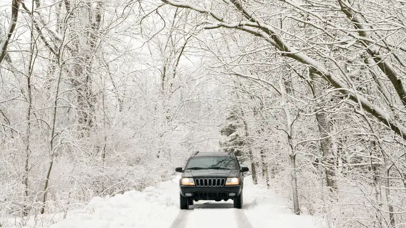 jeep driving through snowy wood scene