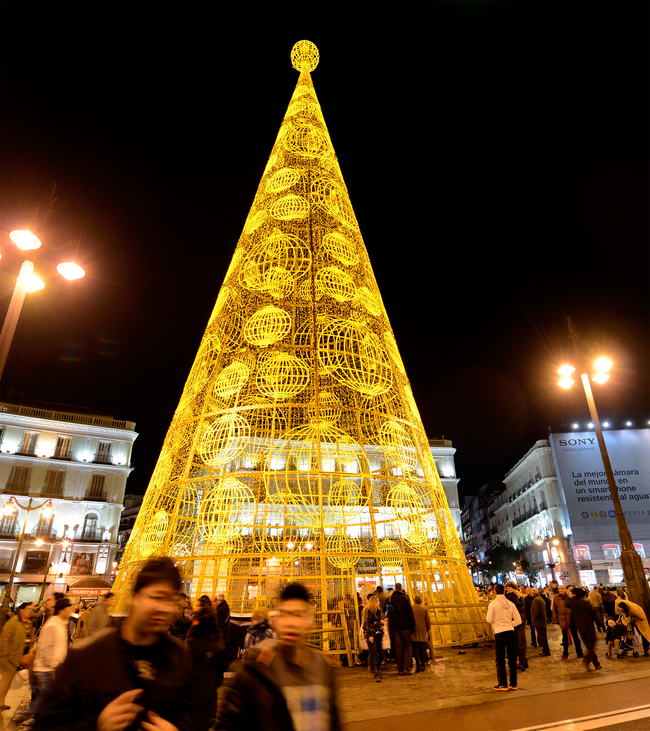 A giant Christmas tree illuminates the Puerta del Sol in the centre of Madrid.
