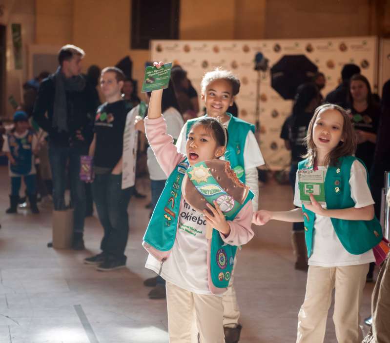 Girl Scouts mark the start of National Girl Scout Cookie Weekend in Vanderbilt Hall in Grand Central Terminal in New York.
