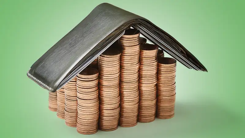 Shape of house made out of stacks of pennies and wallet