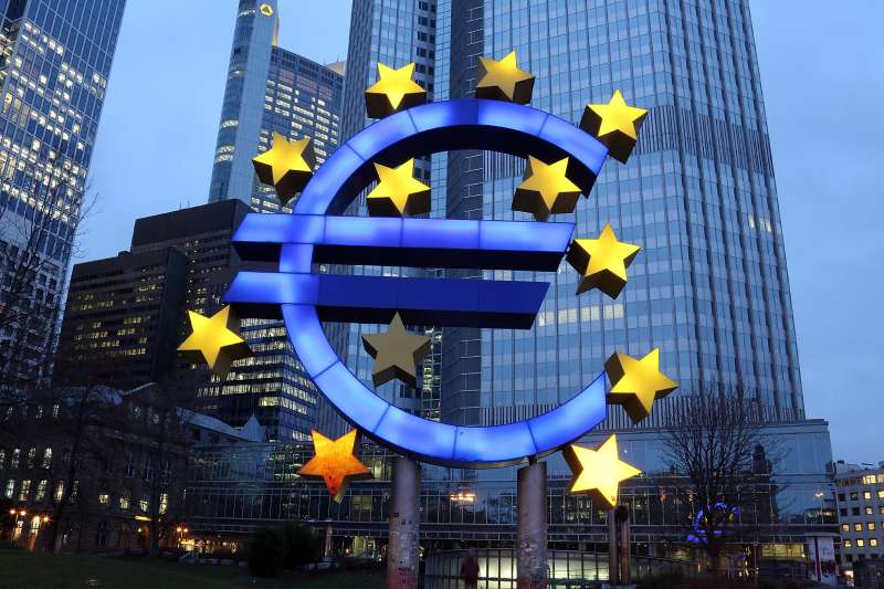 The symbol of the Euro, the currency of the Eurozone, stands illuminated on January 21, 2015 in Frankfurt, Germany.