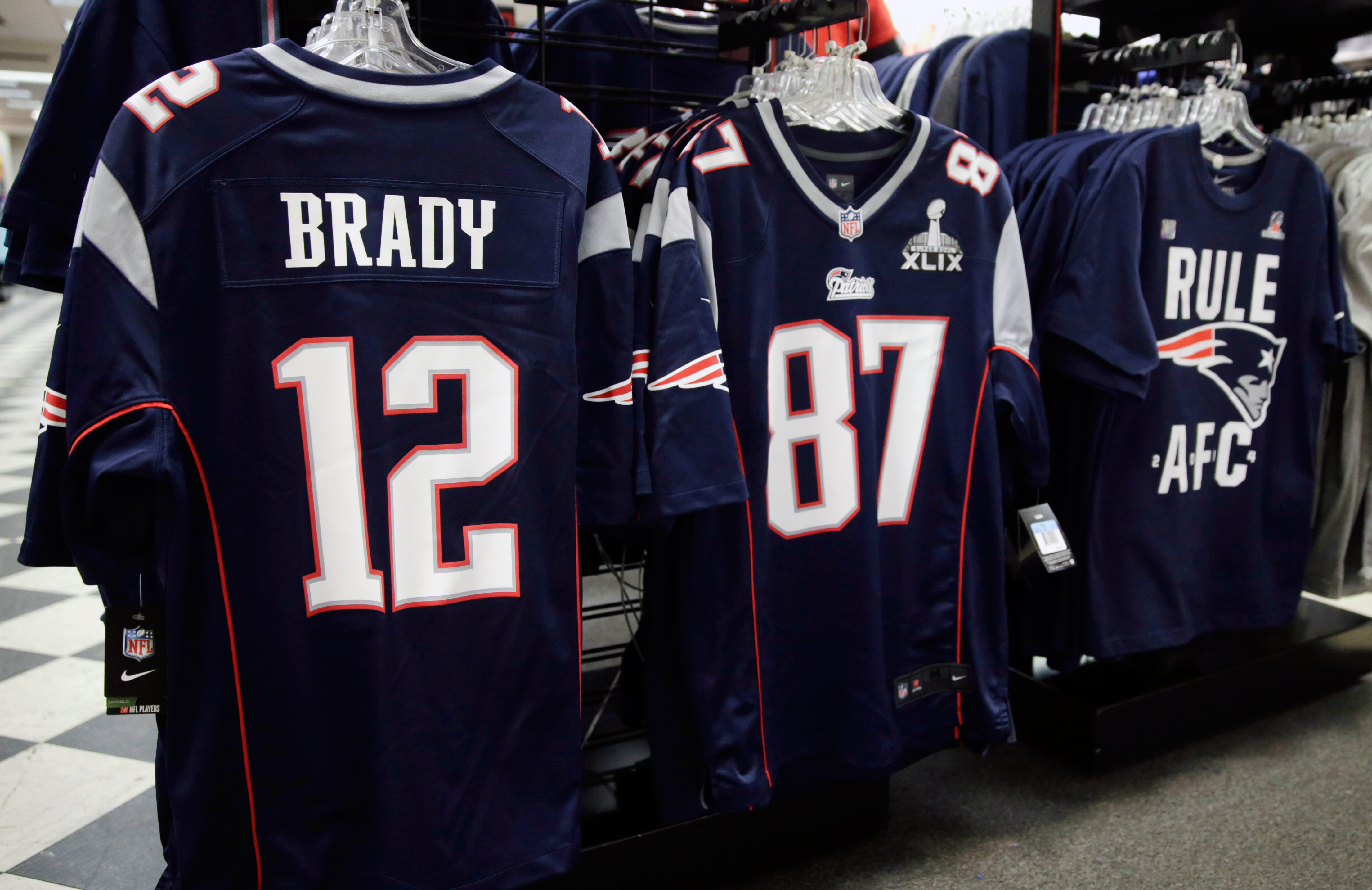 New England Patriots quarterback Tom Brady's jersey on the rack at the Olympia Sports store. The Patriots will face the Seattle Seahawks in Super Bowl XLIX on Sunday, Feb. 1, 2015, in Glendale, Ariz.