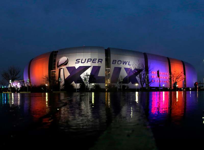 The Super Bowl XLIX is displayed on the University of Phoenix Stadium in Glendale, Arizona