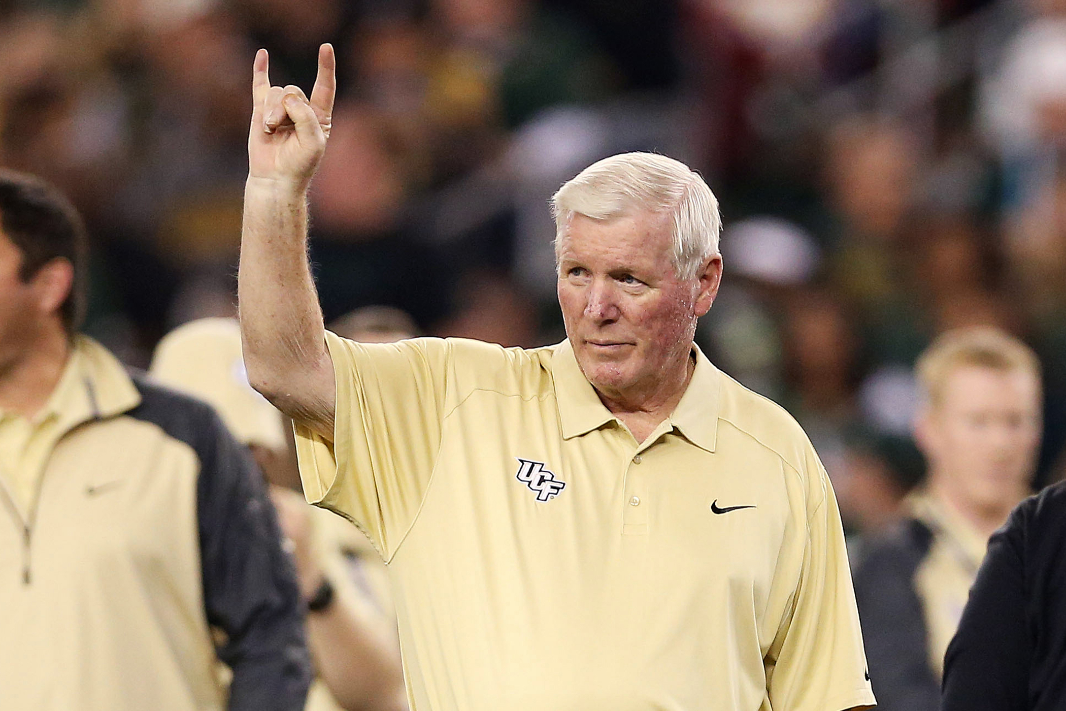 Head coach George O'Leary of the UCF Knights gestures during their 52 to 42 win over the Baylor Bears in the Tostitos Fiesta Bowl at University of Phoenix Stadium on January 1, 2014 in Glendale, Arizona.
