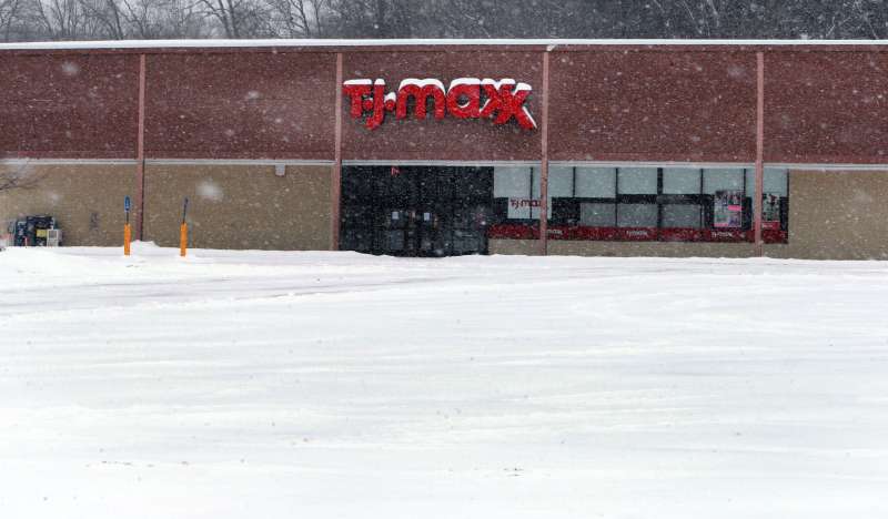 The region is being hit once again by snow, and some businesses such as this T.J. Maxx store in North Andover, Mass., were closed, February 9, 2015.