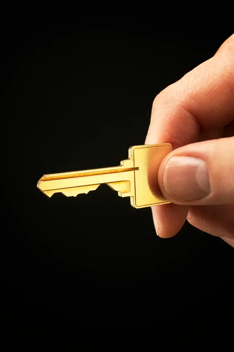 Hand holding gold key, close-up