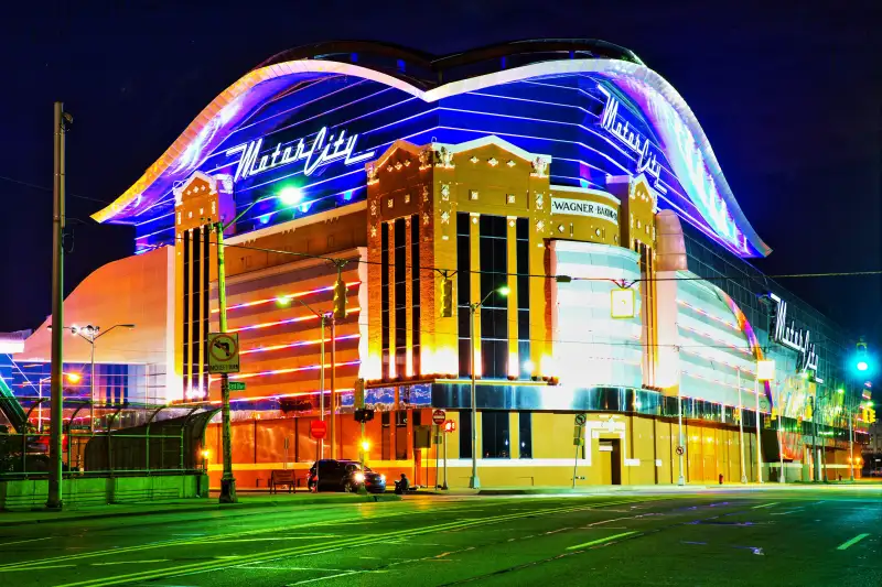 MGM Grand Hotel & Casino Detroit at night, Michigan.