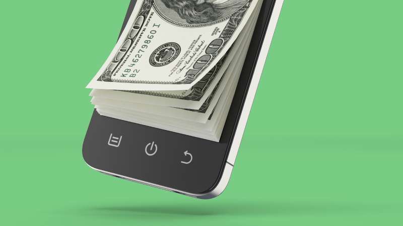 $100 bills peeling off screen of cell phone