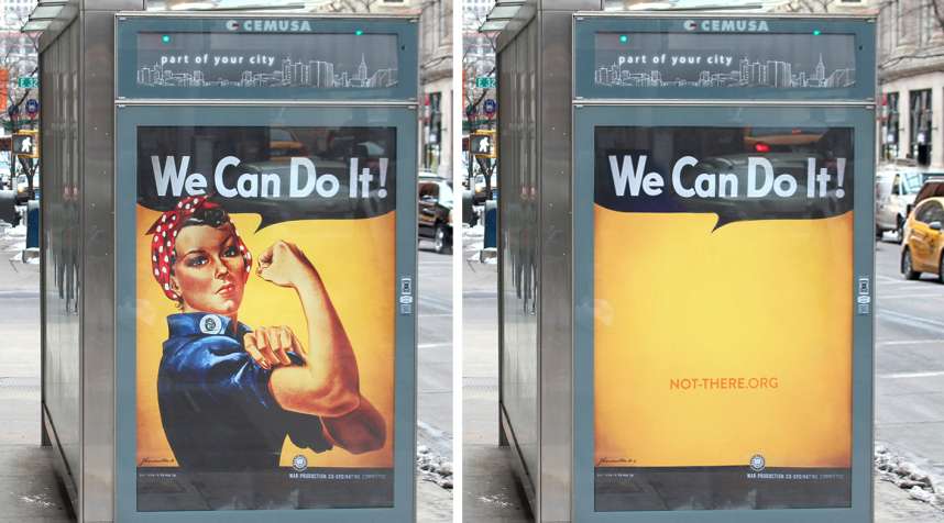 Rosie the Riveter ad on a bus stop