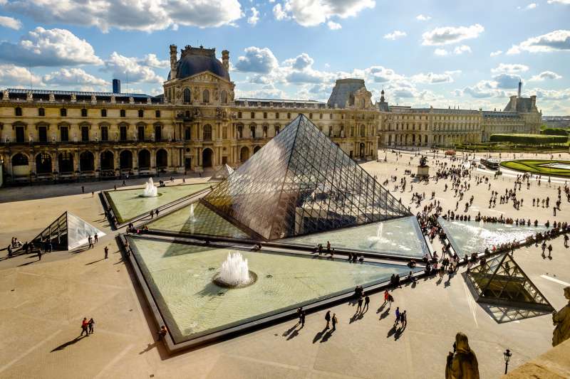 View of the Louvre pyramid from inside the Louvre museum in Paris, France.