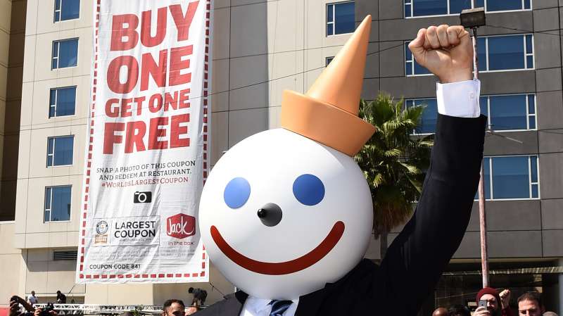 Fast food icon, Jack, of Jack in the Box, makes a rare public appearance to celebrate capturing the Guinness World Record title for the world's Largest coupon on Wednesday, Mar. 25, 2015 in Los Angeles. Fans can get their own Buttery Jack Burgers at their local Jack in the Box by sharing shots of the #WorldsLargestCoupon.