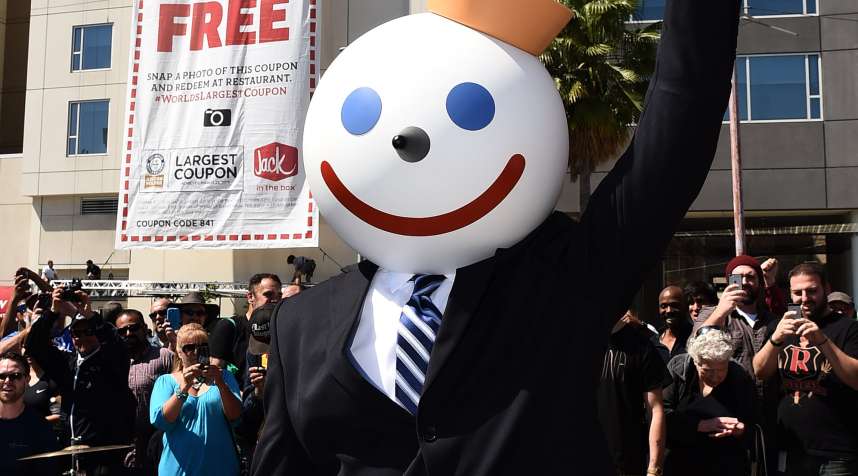 Fast food icon, Jack, of Jack in the Box, makes a rare public appearance to celebrate capturing the Guinness World Record title for the world's Largest coupon on Wednesday, Mar. 25, 2015 in Los Angeles.